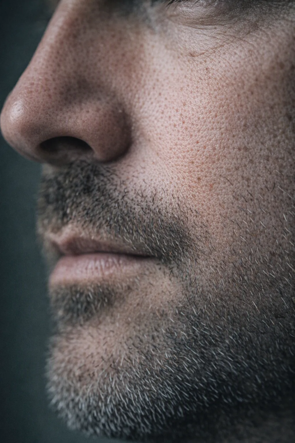 Nahaufnahme der unteren Gesichtshälfte eines Mannes im Profil. Bartstoppeln, Poren und Hautstruktur an Wange, Nase und Kinn sind deutlich zu sehen.