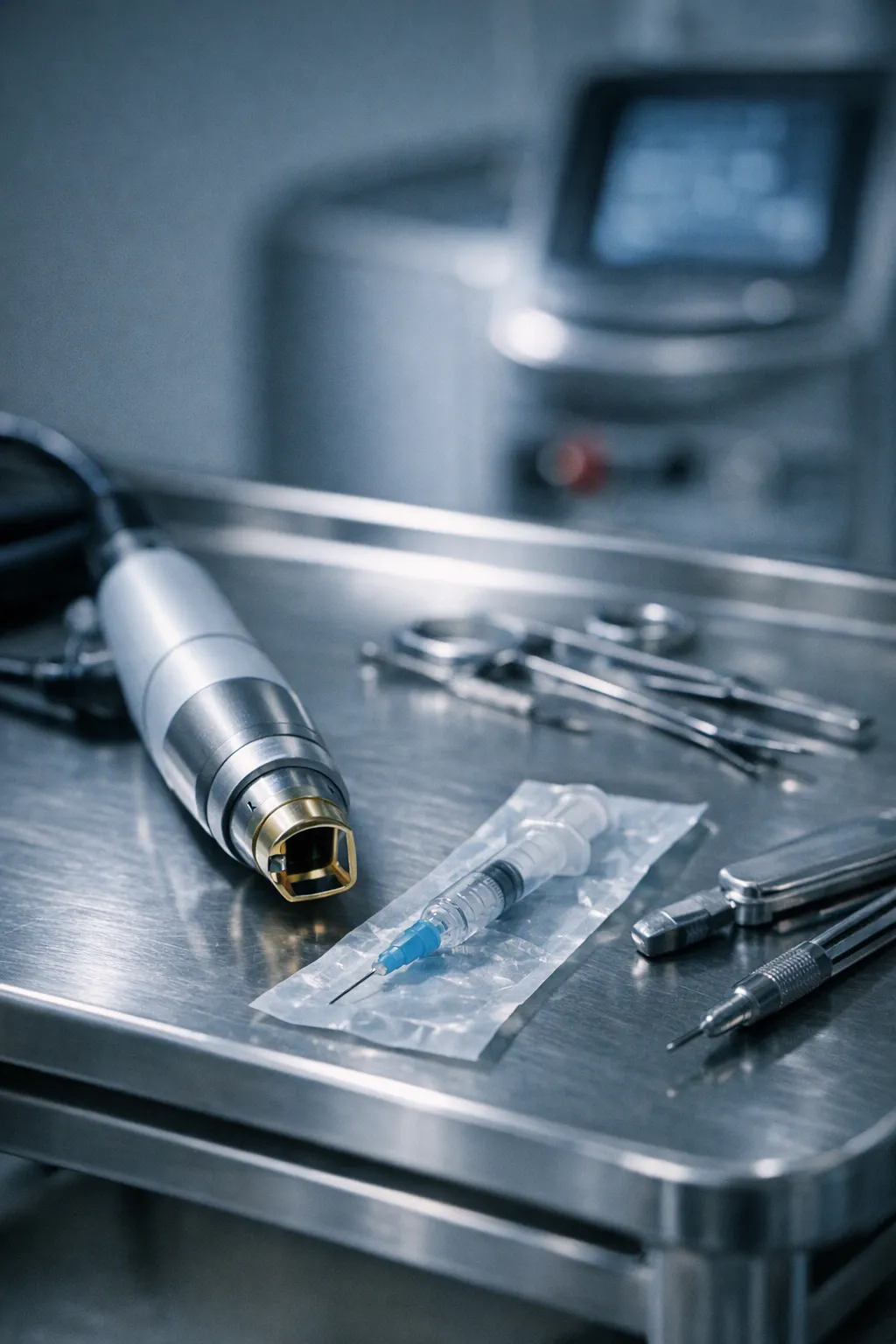 Ein Instrumententisch aus Edelstahl: darauf ein Laserhandstück, eine Spritze in steriler Verpackung, chirurgische Scheren und Pinzetten. Im unscharfen Hintergrund ein Behandlungsgerät mit Display.
